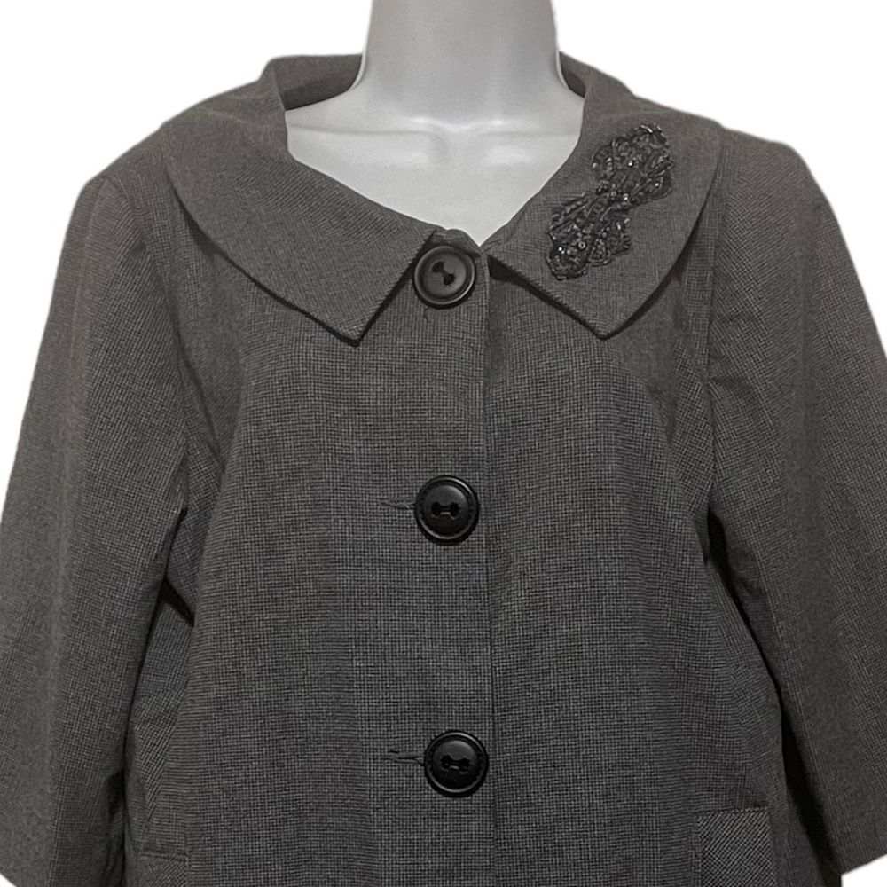 Women’s Swing Jacket 3/4 SLEEVE button smock coat gray black round collar - Picture 3 of 12